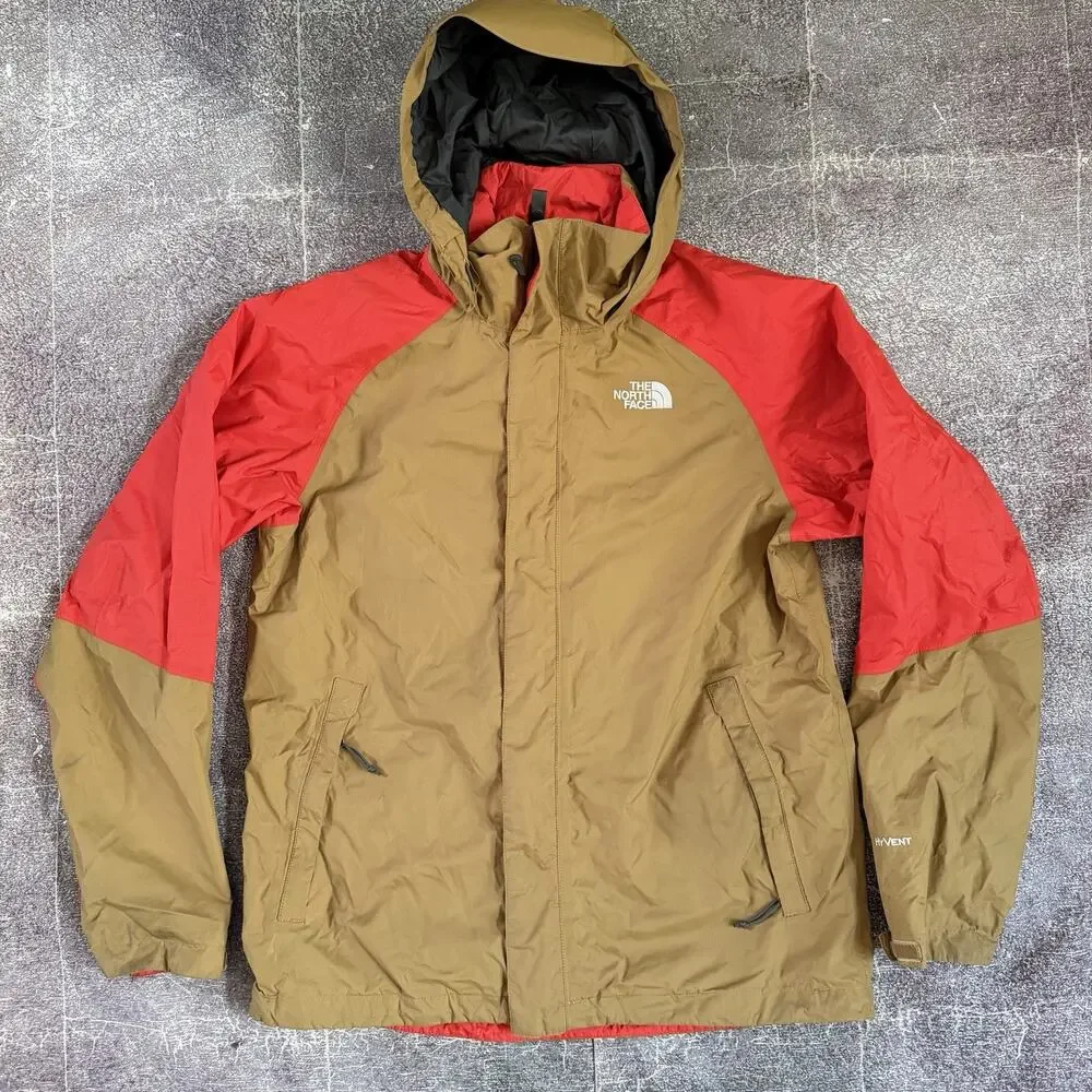 Men's The North Face Orange Tan Color Block Hyvent Hooded Rain Coat Jacket Sz S